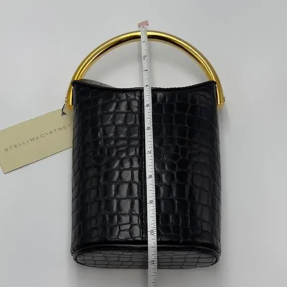 New Stella McCartney Black Croc Embossed Bucket Bag Gold Handle W/ Dust Bag - Picture 11 of 16